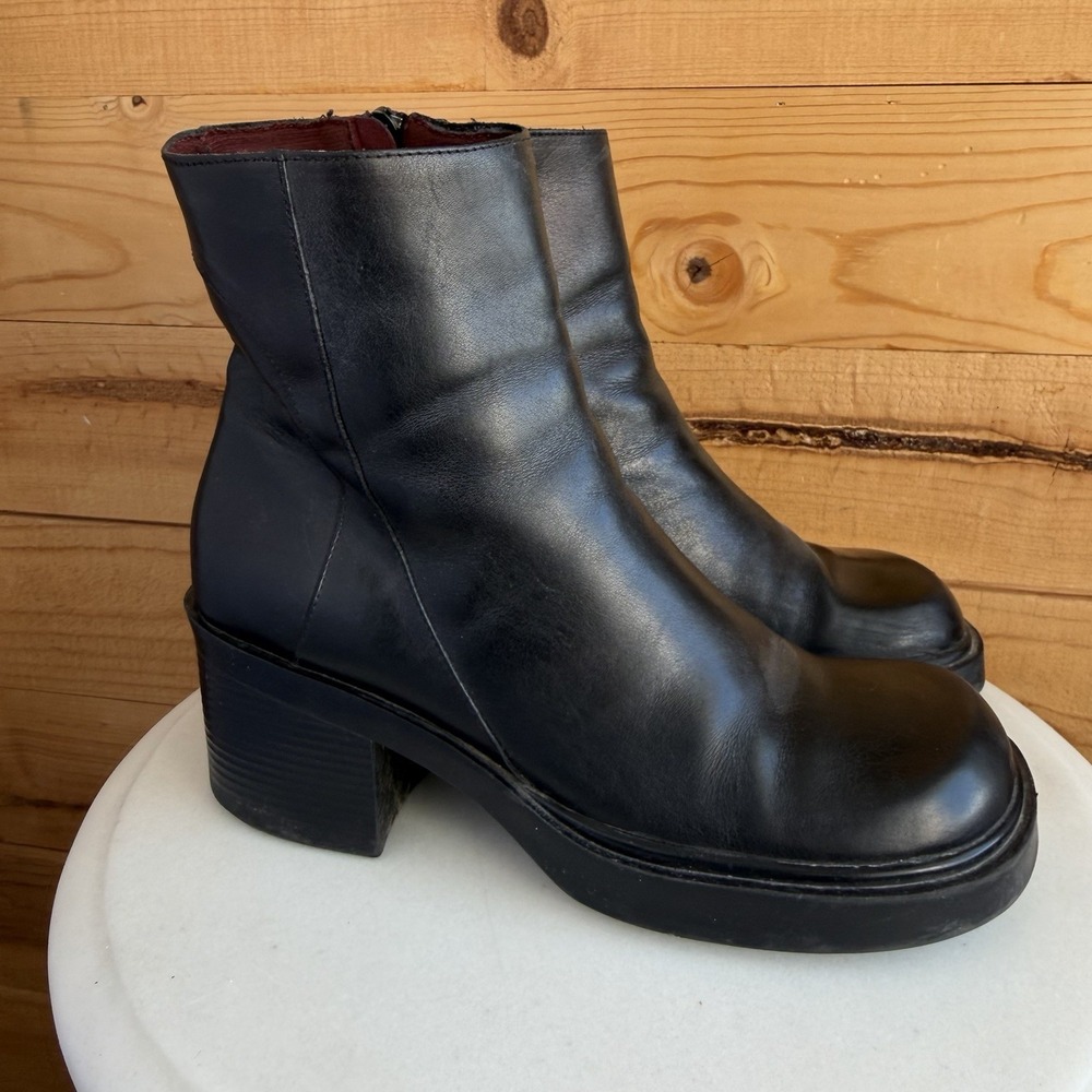 90s Cloud9 Nine West Block Heel Gogo Boots Black Square Toe Platform Chunky Sz10